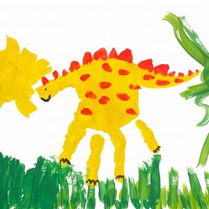 A children's painting of a stegosaurus out on a sunny day.