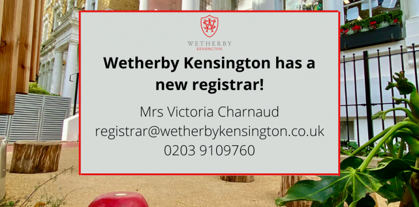 An anncoucement image of Wetherby Kensington's new registar, Mrs. Victoria Charnaud, set against a back drop of the front of a school with painted toadstools.